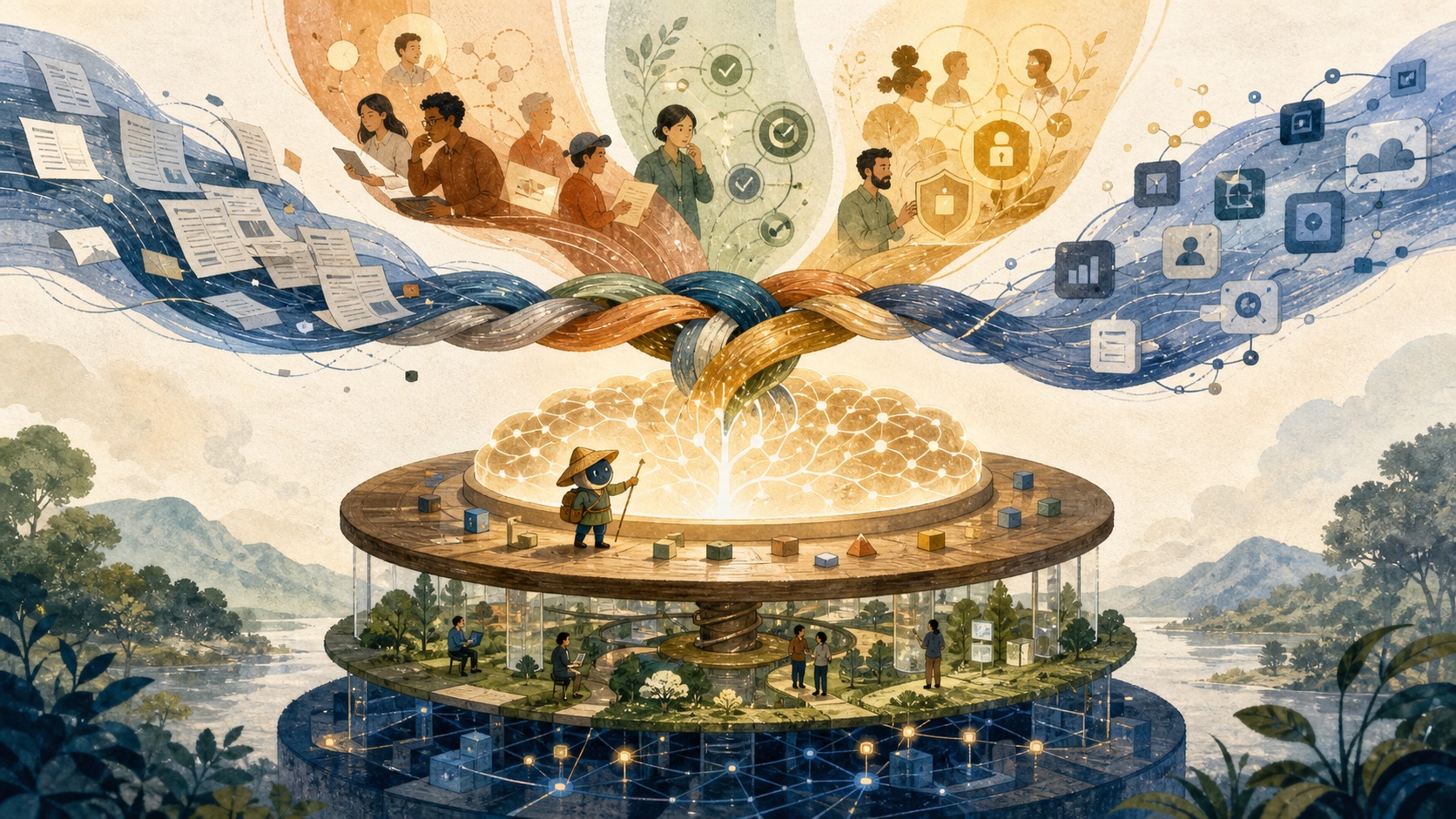 Streams of people, decisions, documents, and tools joining at a governed company knowledge table
