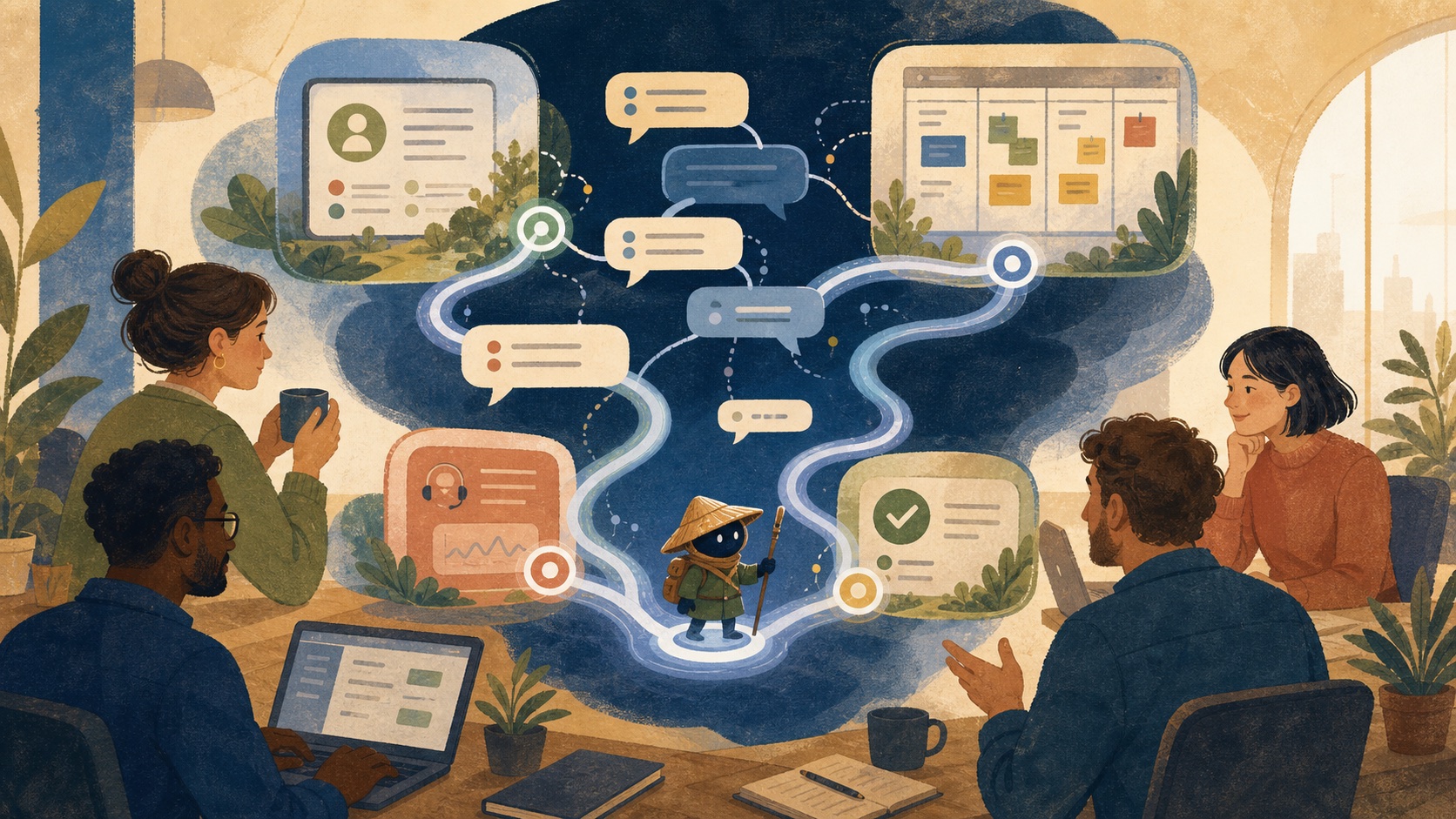 Abstract Slack conversations connecting governed company sources to a reviewed team action