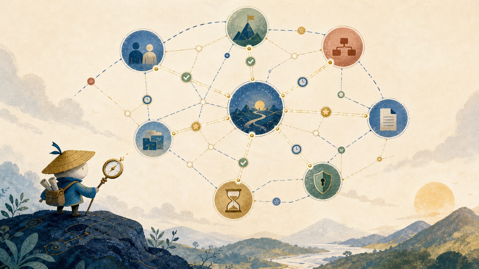 A mapped constellation linking people, projects, decisions, sources, permissions, and time