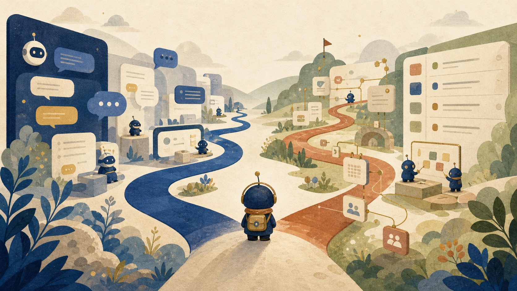 Two balanced routes through team chat for collaborative AI conversation and recurring connected work