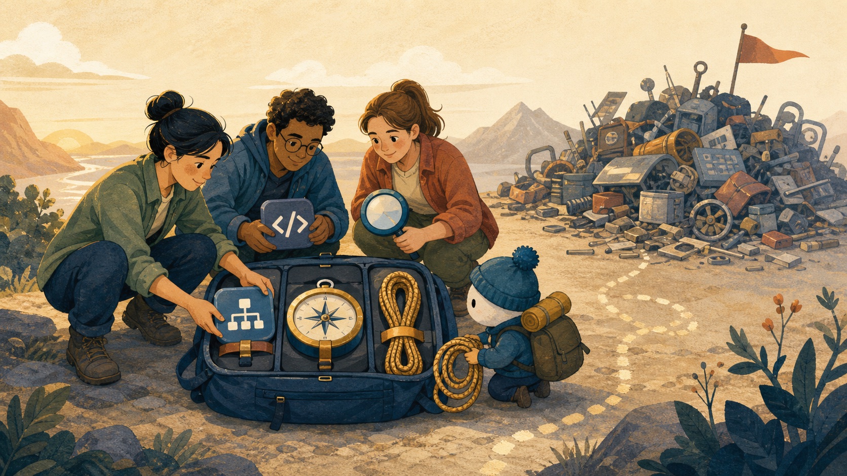 A startup crew selecting a compact set of AI tools while avoiding an unnecessary pile of software